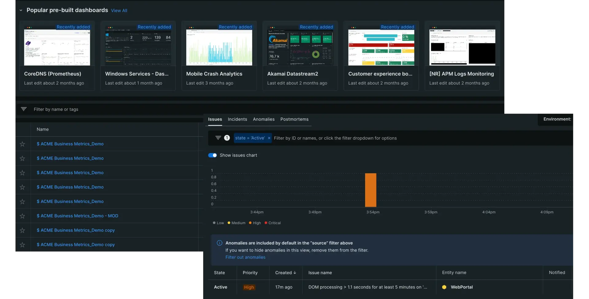 Alerts-and-dash A screenshot showing parts of New Relic's alert monitor and dashboards