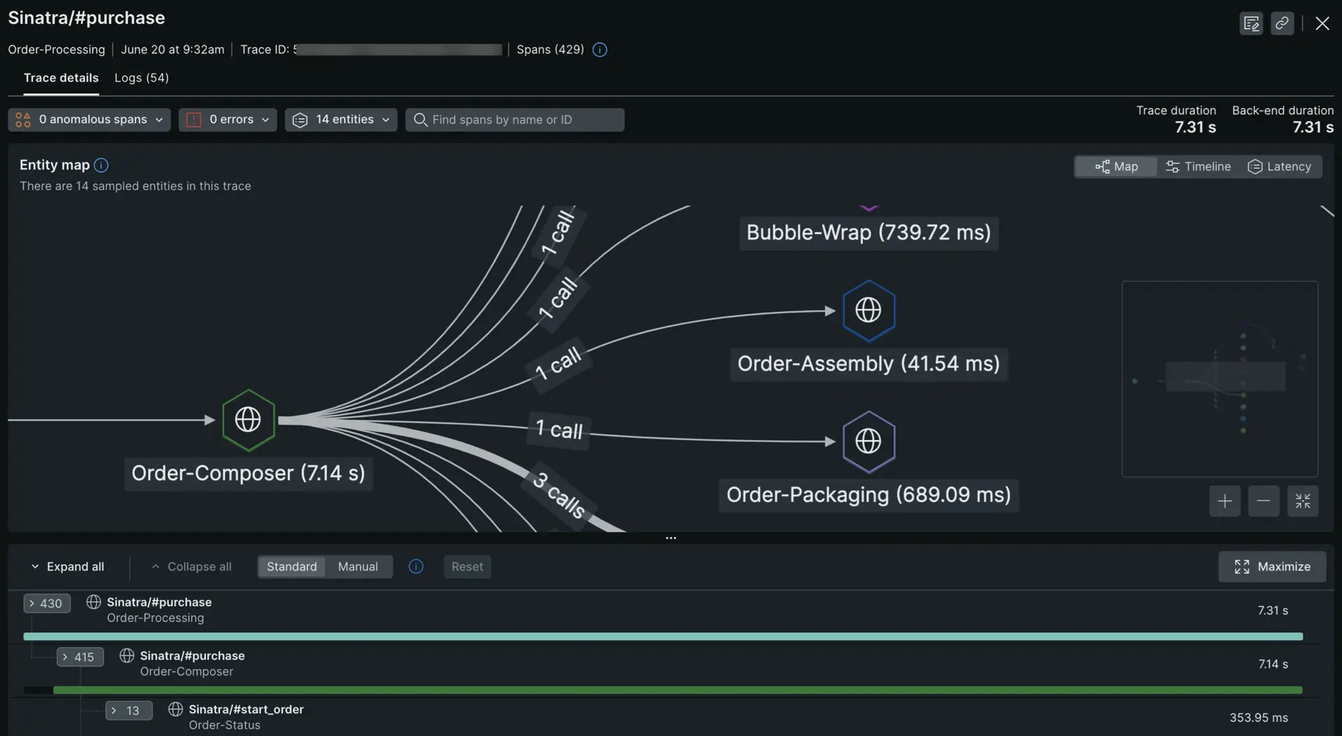 Trace details page New Relic distributed tracing UI - trace details page