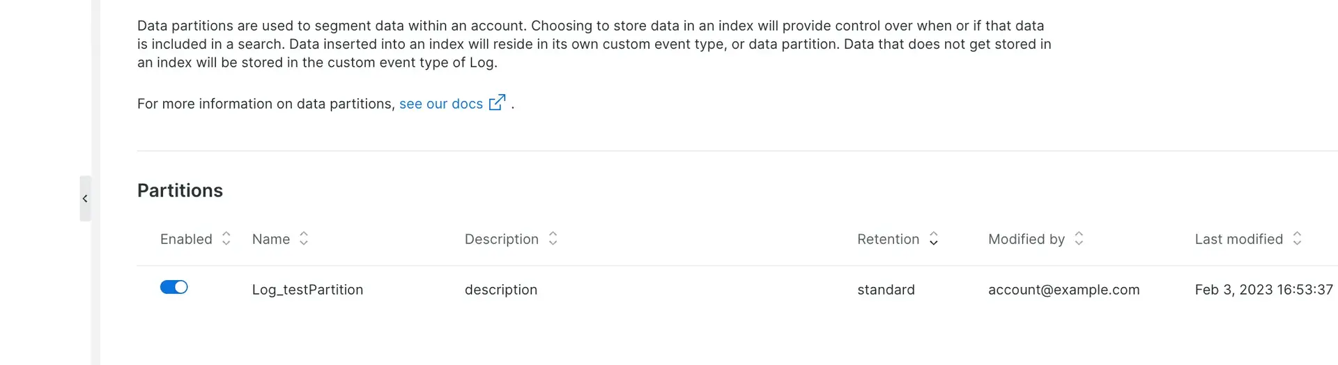 Log data partitions rules Screenshot of log partition rules in UI